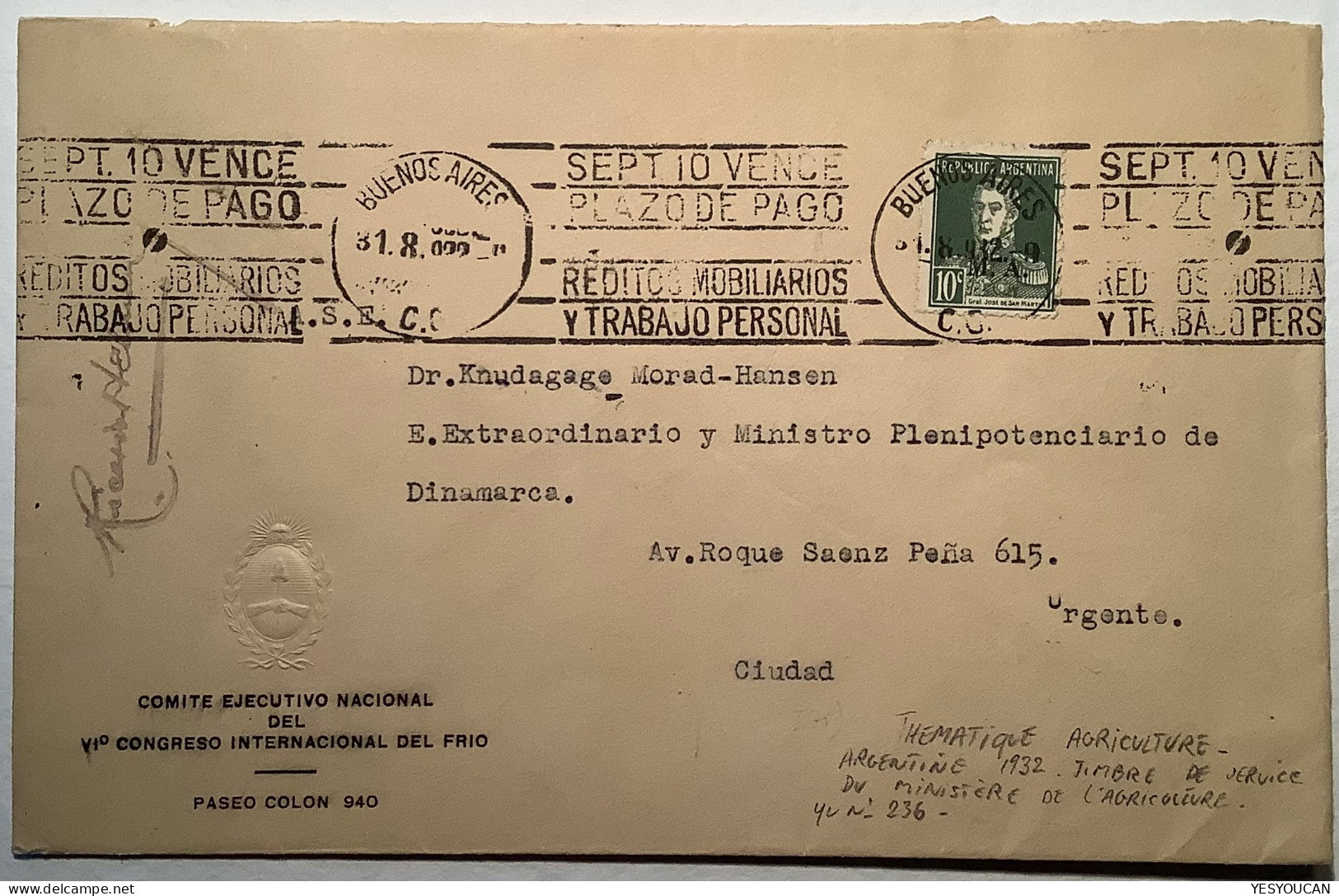 VI CONGRESO INTERNACIONAL DEL FRIO1932cover Buenos Aires Agriculture Official Stamp (froid Frigo Cold Refrigerator - Lettres & Documents