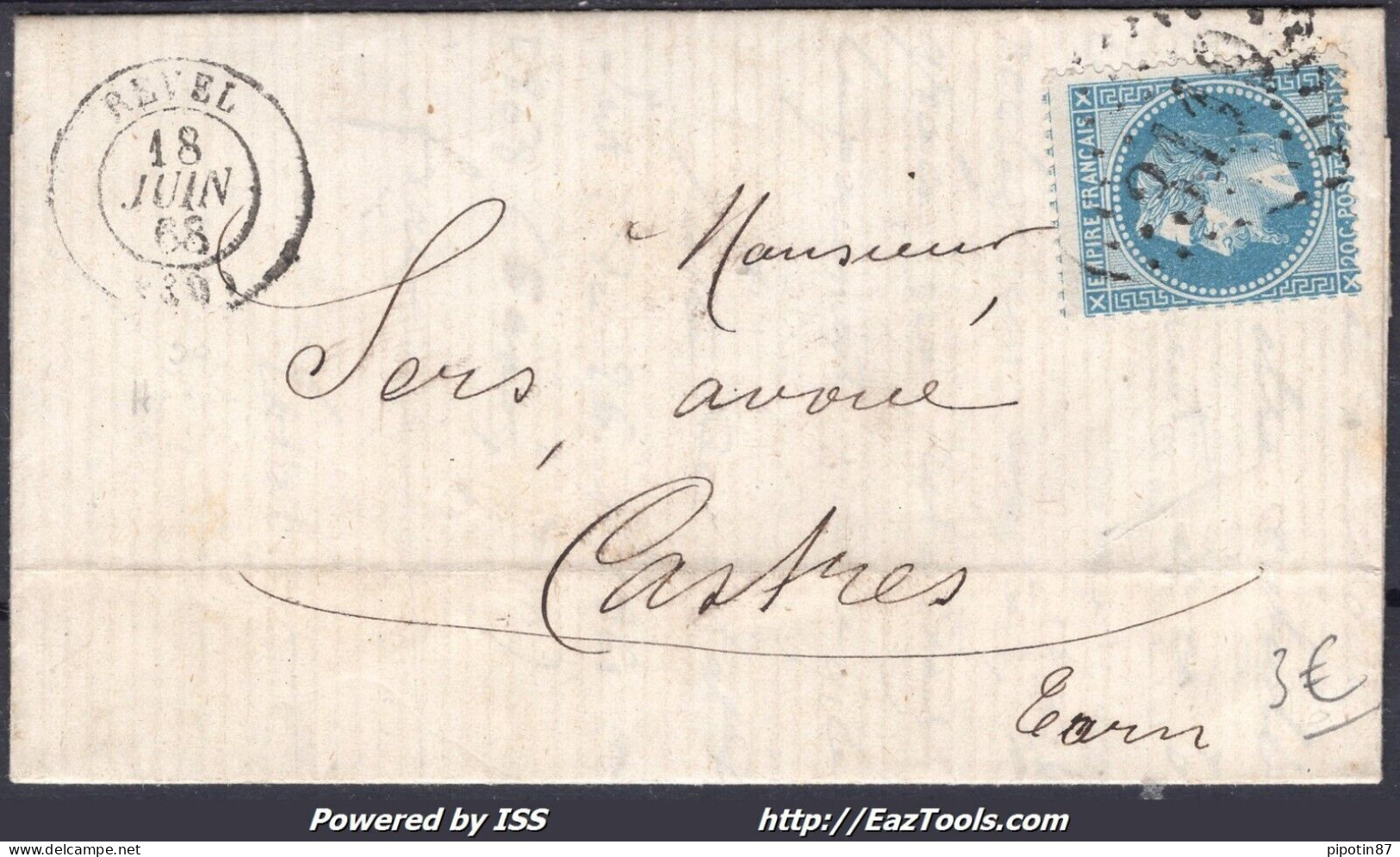 FRANCE N°29A SUR LETTRE GC 3119 REVEL HAUTE GARONNE + CAD DU 18/06/1868 - 1863-1870 Napoléon III. Laure