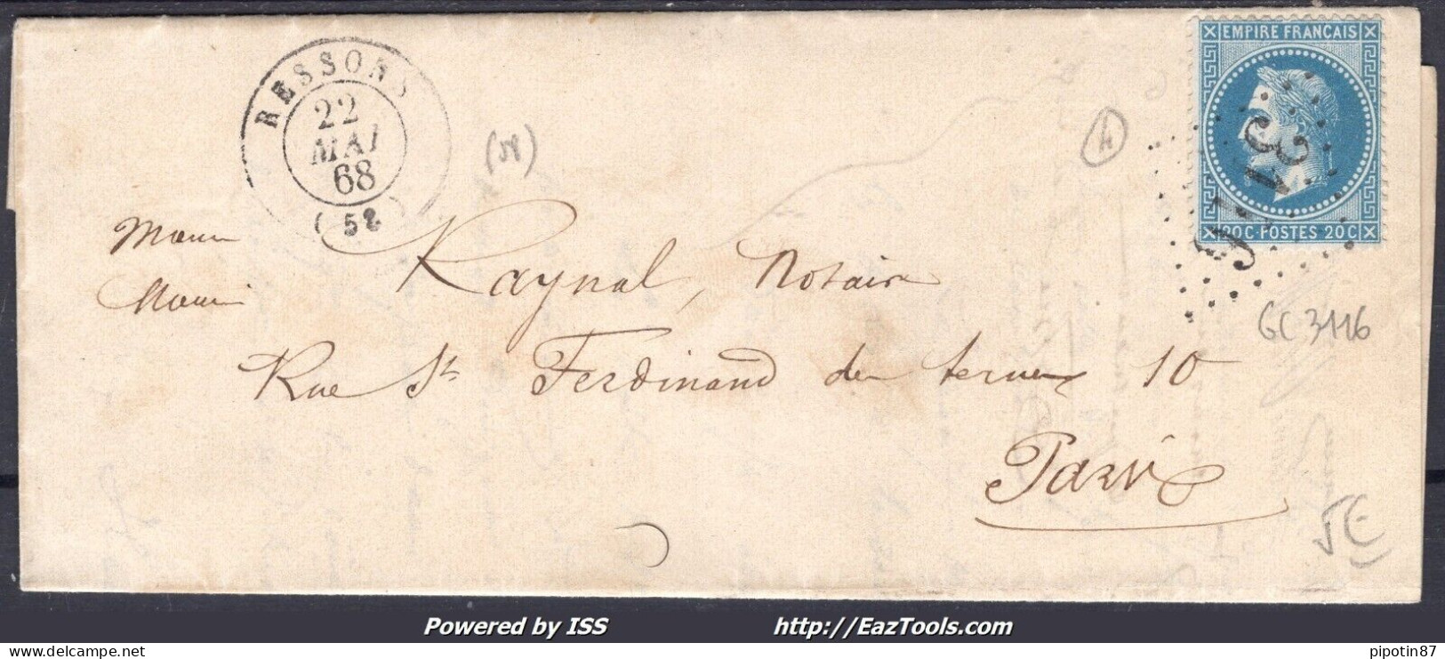 FRANCE N°29A SUR LETTRE GC 3116 RESSONS OISE + CAD DU 22/05/1868 - 1863-1870 Napoléon III Con Laureles