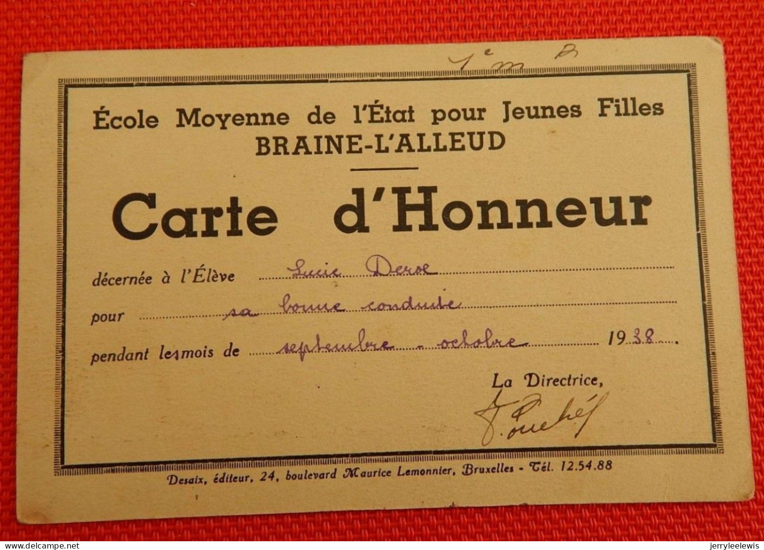 BRAINE-L'ALLEUD  - Carte D'Honneur De L'Ecole Moyenne De L'Etat Pour Jeunes Filles -  1938 - Braine-l'Alleud
