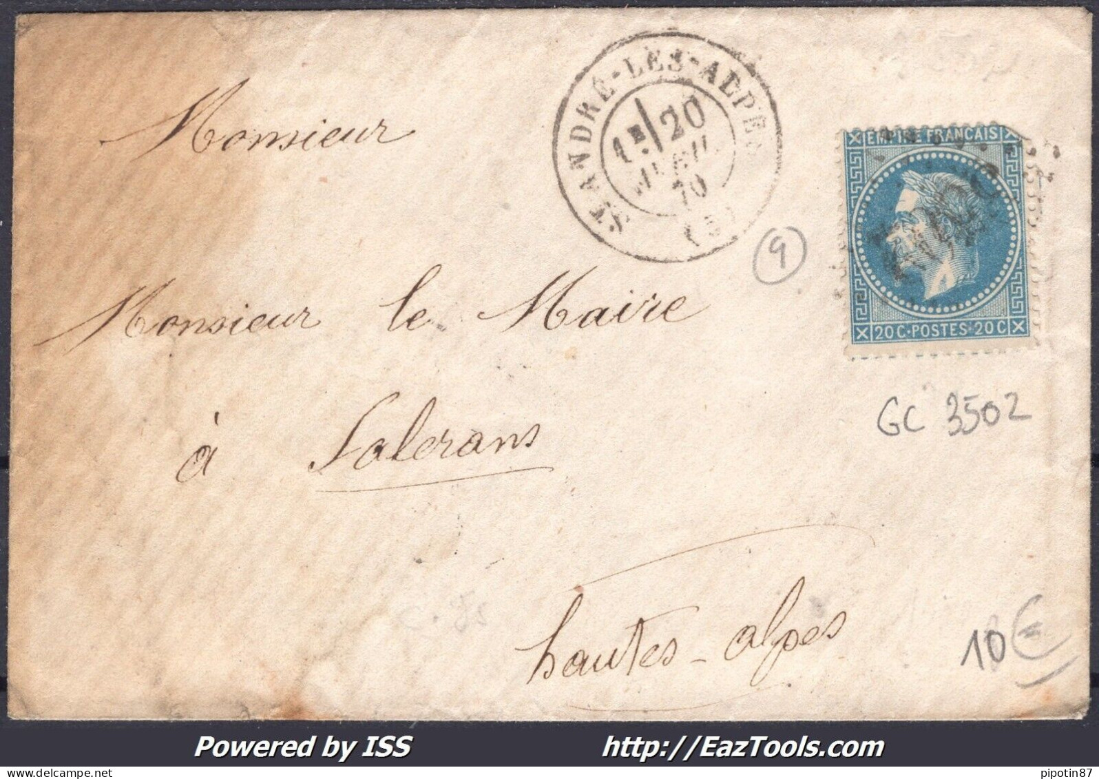 FRANCE N°29B SUR LETTRE GC 3502 ST ANDRÉ LES ALPES BASSES ALPES DU 20/04/1870 - 1863-1870 Napoleon III With Laurels