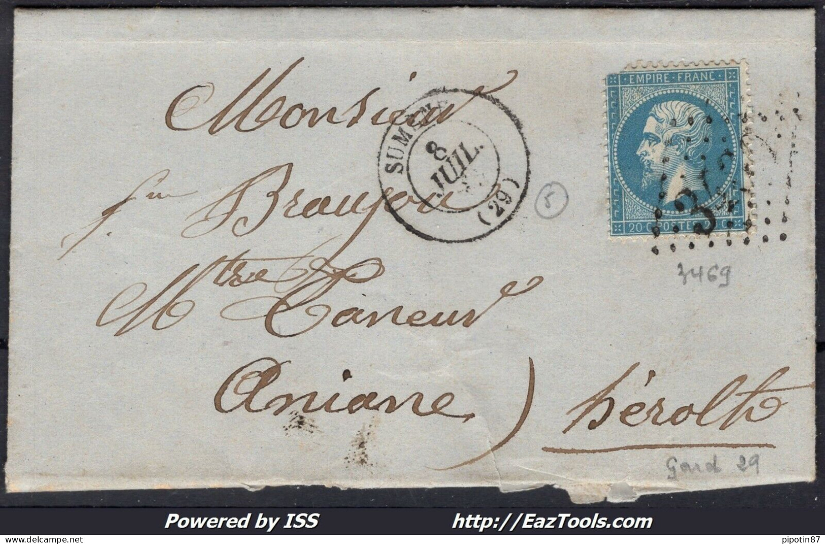 FRANCE N°22 SUR LETTRE POUR ANIANE GC 3469 SUMENE GARD + CAD DU 08/07/1863 - 1862 Napoleon III