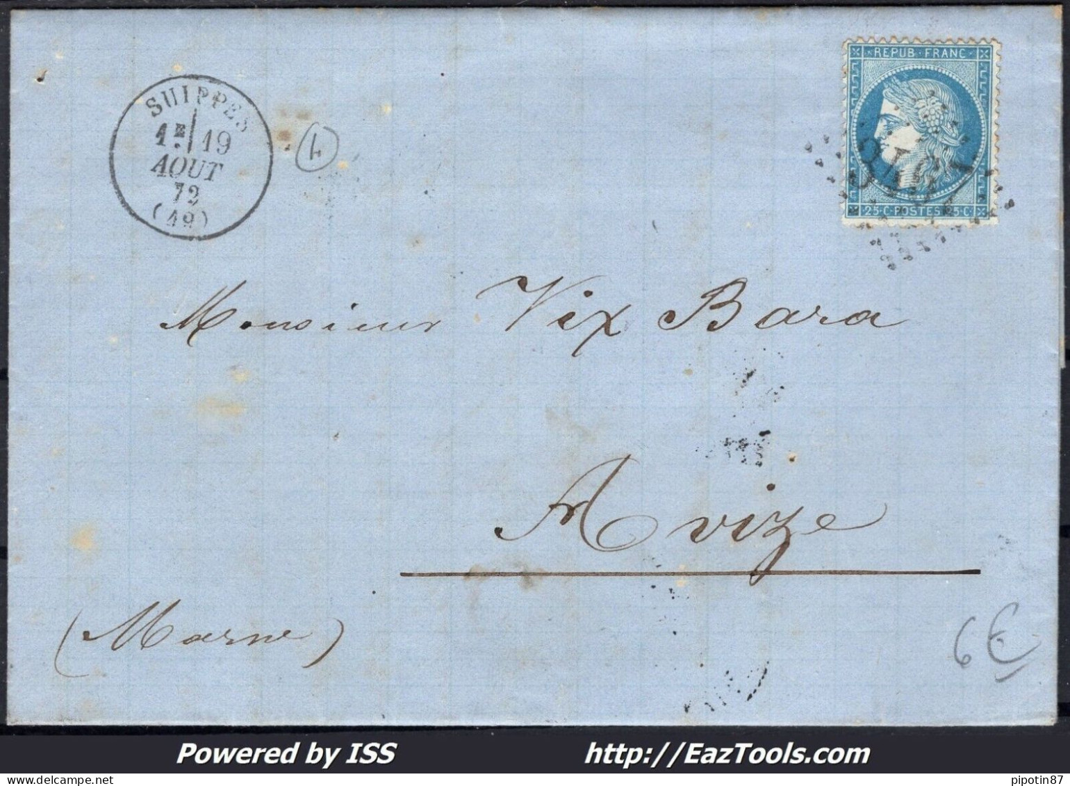 FRANCE N°60A SUR LETTRE GC 3467 SUIPPES MARNE + CAD DU 19/08/1872 - 1871-1875 Ceres