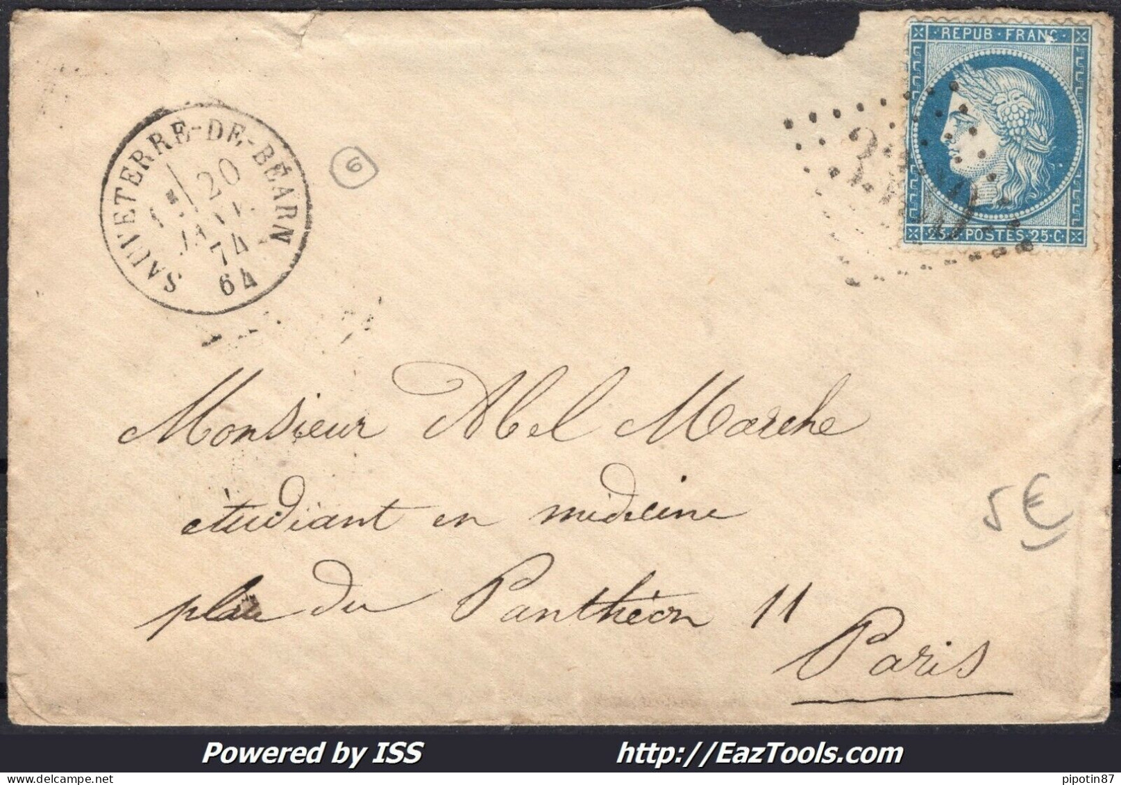 FRANCE N°60A SUR LETTRE GC 3330 SAUVETERRE DE BEARN BASSES PYR + CAD 20/01/1874 - 1871-1875 Ceres