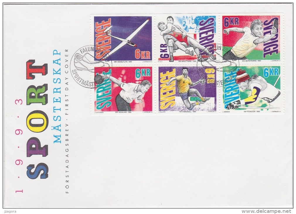 SPORT  - SKI HANDBALL BOWLING WRESTLING TABLE TENNIS TISCHTENNIS GLIDING SWEDEN SUEDE SCHWEDEN 1993 MI 1761 - 1766 FDC - Lucha