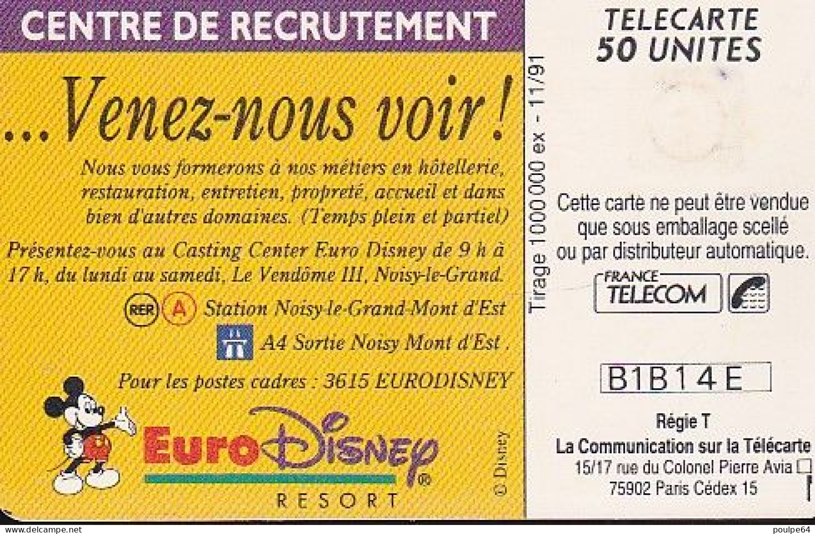 F201  11/1991 MICKEY EURODISNEY 50 GEM ( Dos Petit Mickey ) - 1991