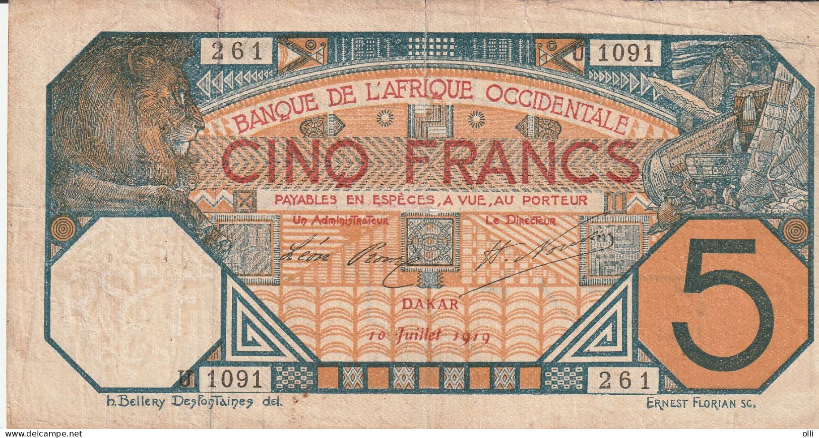 FRENCH WEST AFRICA AOF 5 FRANC NOTE 1919 SENEGAL DAKAR P-5  VG/F - Sénégal