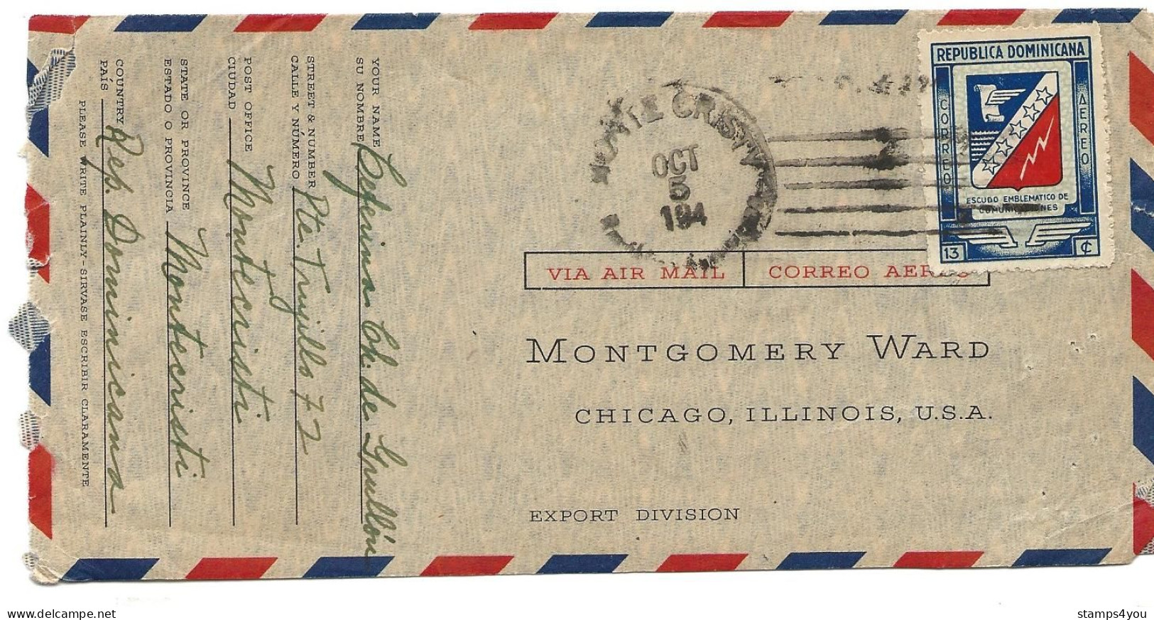237 - 79 - Enveloppe Envoyée De Montecristi à Chicago - Cachet Avec Année Incomplète - Dominicaine (République)