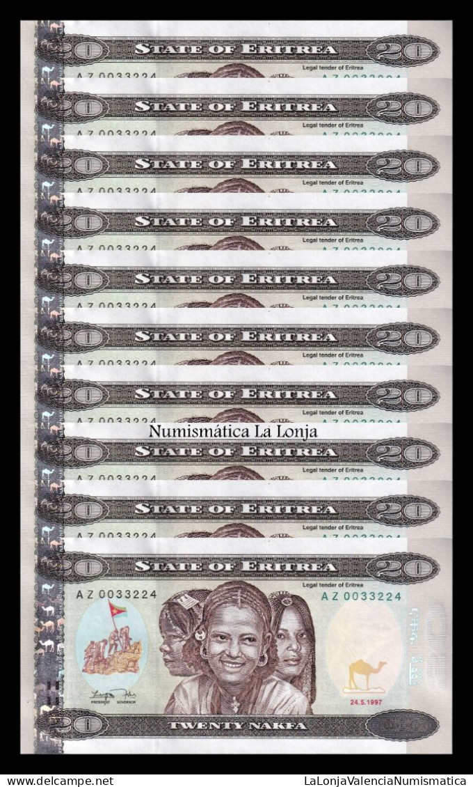 Eritrea Lot 10 Banknotes 20 Nakfa 1997 Pick 4r Replacement Serie AZ Sc Unc - Eritrea