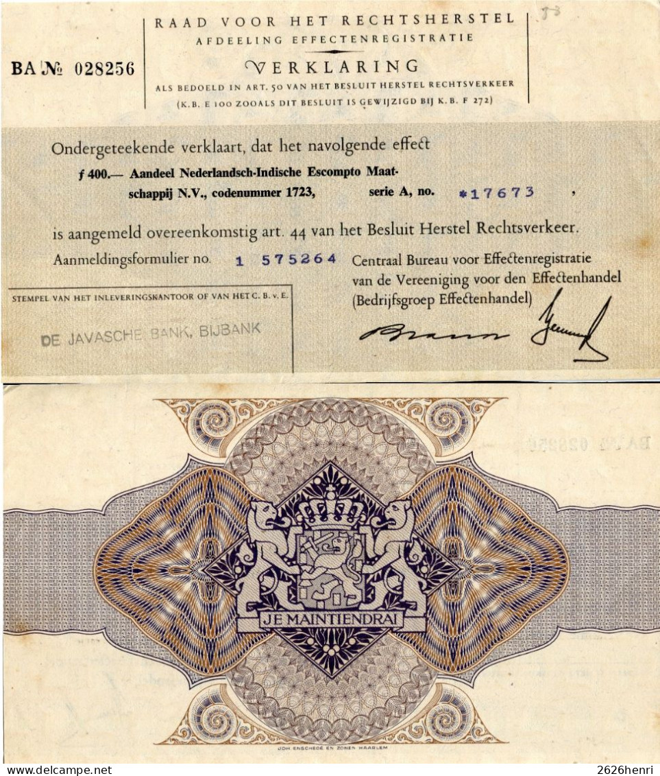 Nederl.-Indische Escompto Maatschappij NV, Aandeel 400 Gulden 1935 Met Verklaring Voor Effectenregistratie - Banque & Assurance