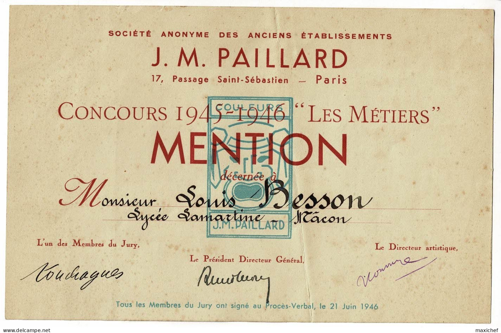 J.M. Paillard Couleurs- Concours 1945-1946 " Les Métiers" Mention Décernée Juin 1946, Lycée Lamartine Macon (71) - Diplômes & Bulletins Scolaires