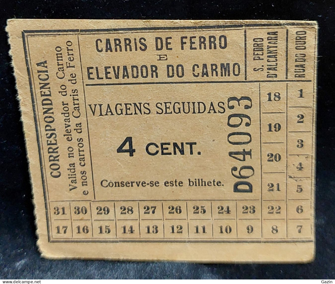 C6 /1 - Bilhete * Ticket * 4 Cent  * Carris Ferro E Elevador Do Carmo * Portugal - Europa