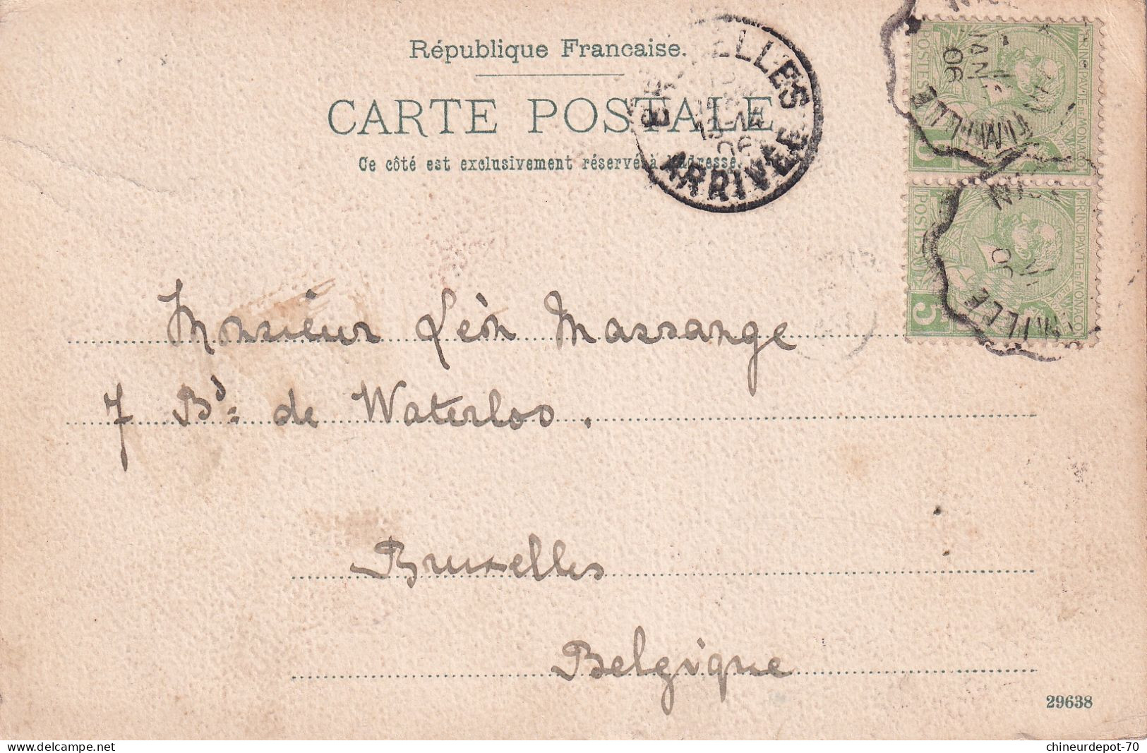 Carte Timbres  Monaco Souvenir De Menton Bruxelles Arrivée 1906 - Briefe U. Dokumente
