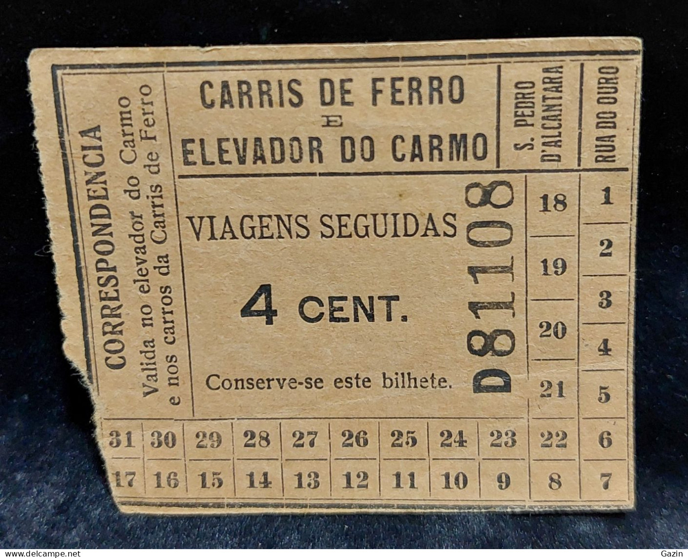 C6 /1 - Bilhete * Ticket * 4 Cent  * Carris Ferro E Elevador Do Carmo * Portugal - Europe