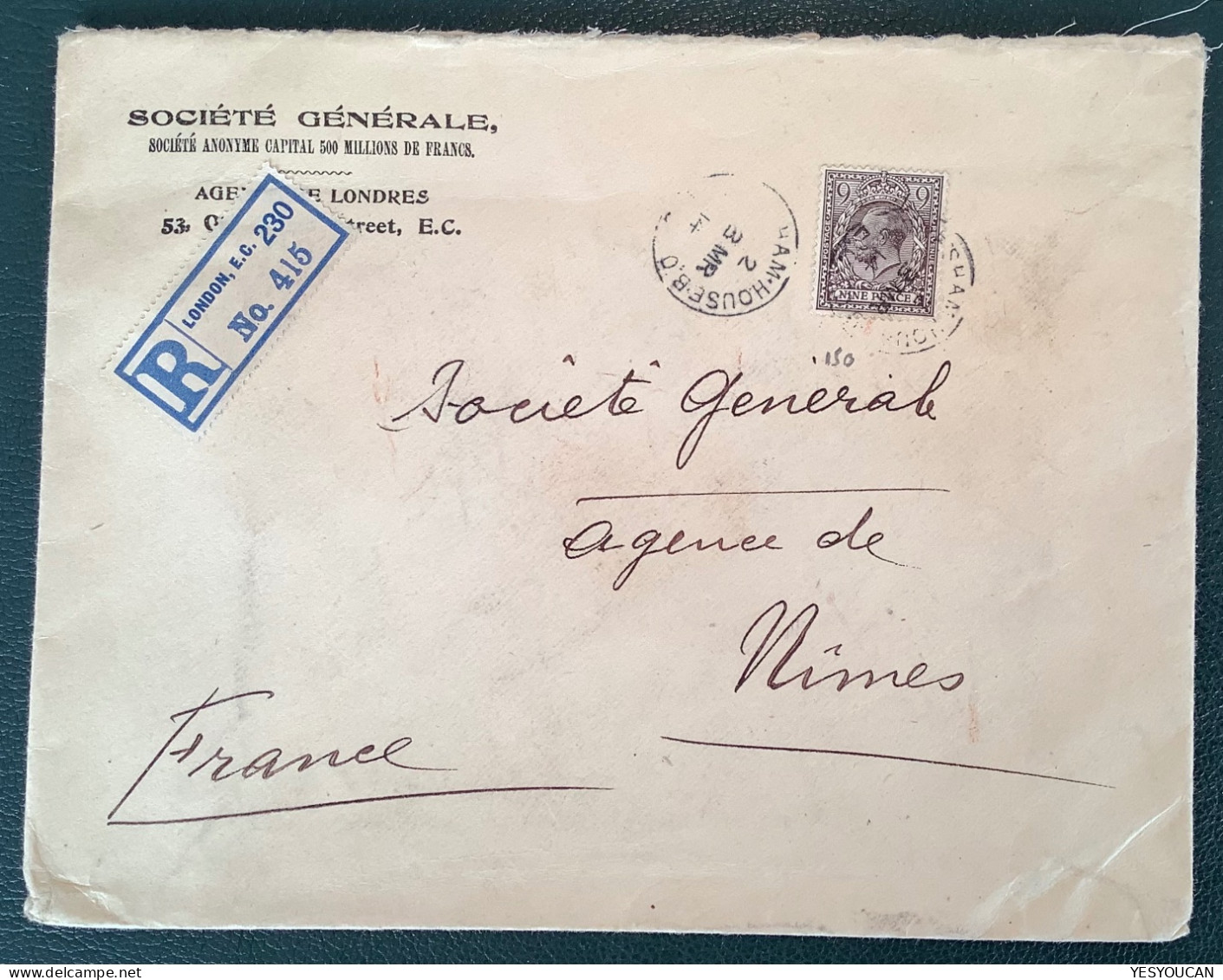 SG 393 GB 1912-24 King George V, Scarce Frkg 9d Deep Agate Registered Cover GRESHAM HOUSE LONDON>Nimes,France (bank - Cartas & Documentos
