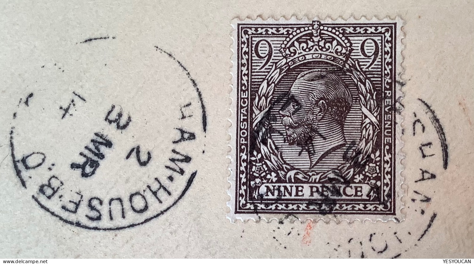 SG 393 GB 1912-24 King George V, Scarce Frkg 9d Deep Agate Registered Cover GRESHAM HOUSE LONDON>Nimes,France (bank - Briefe U. Dokumente