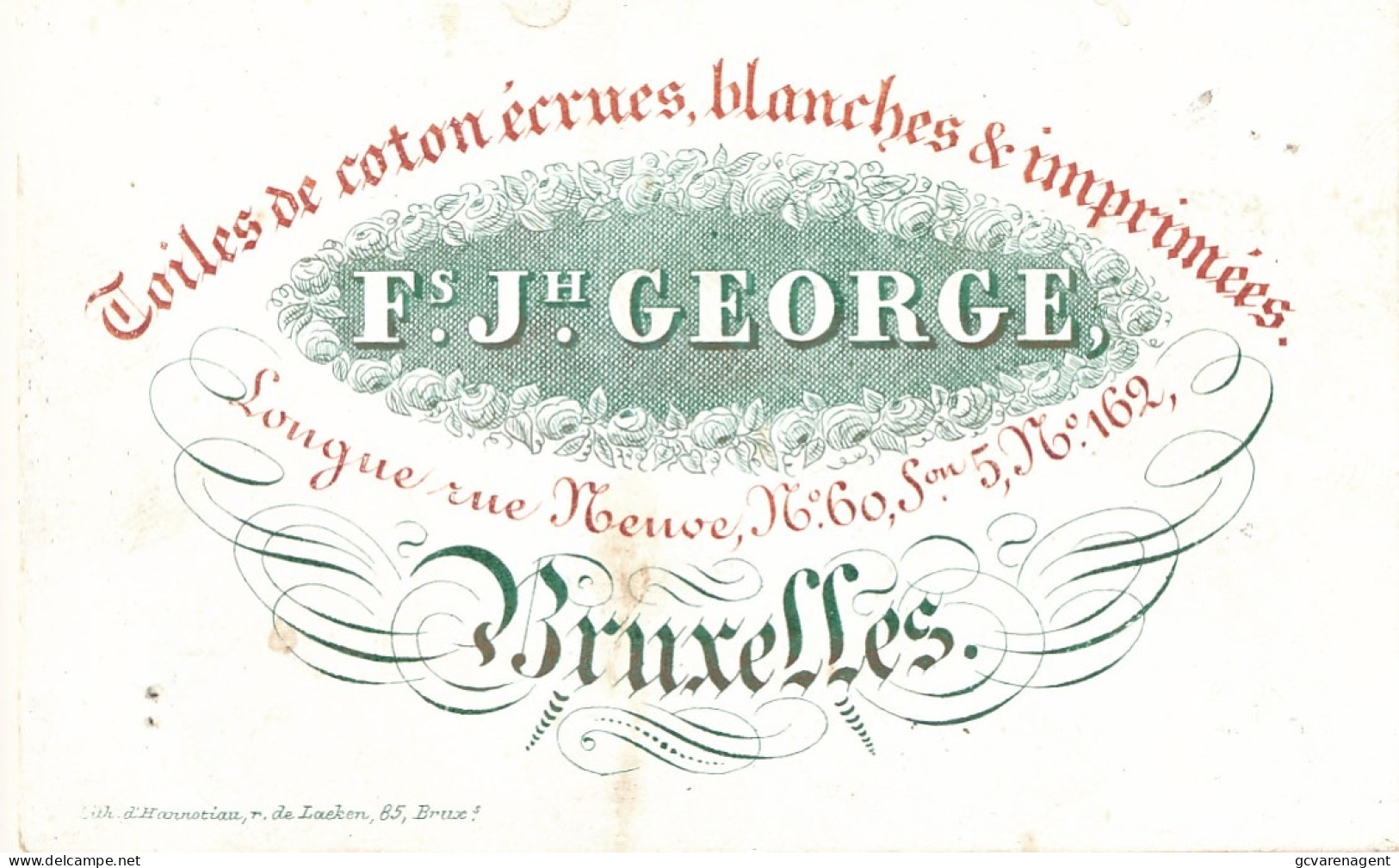 BRUXELLES PORSELEIN KAART 9.5X6.5CM - TOILES DE COTON ECRUES - Fs.Jh.GEORGE - LONGUE RUE NEUVE N° 60 - Ambachten