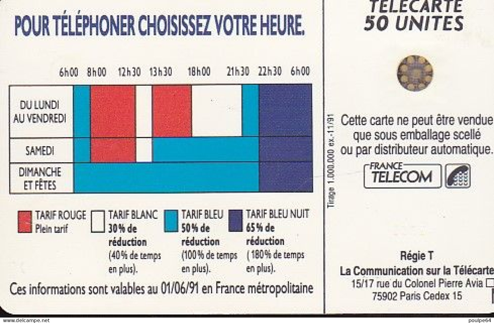 F207  11/1991 TARIFS 18h 00 50 SC4 (diamètre Puce Au Dos : ø6) - 1991