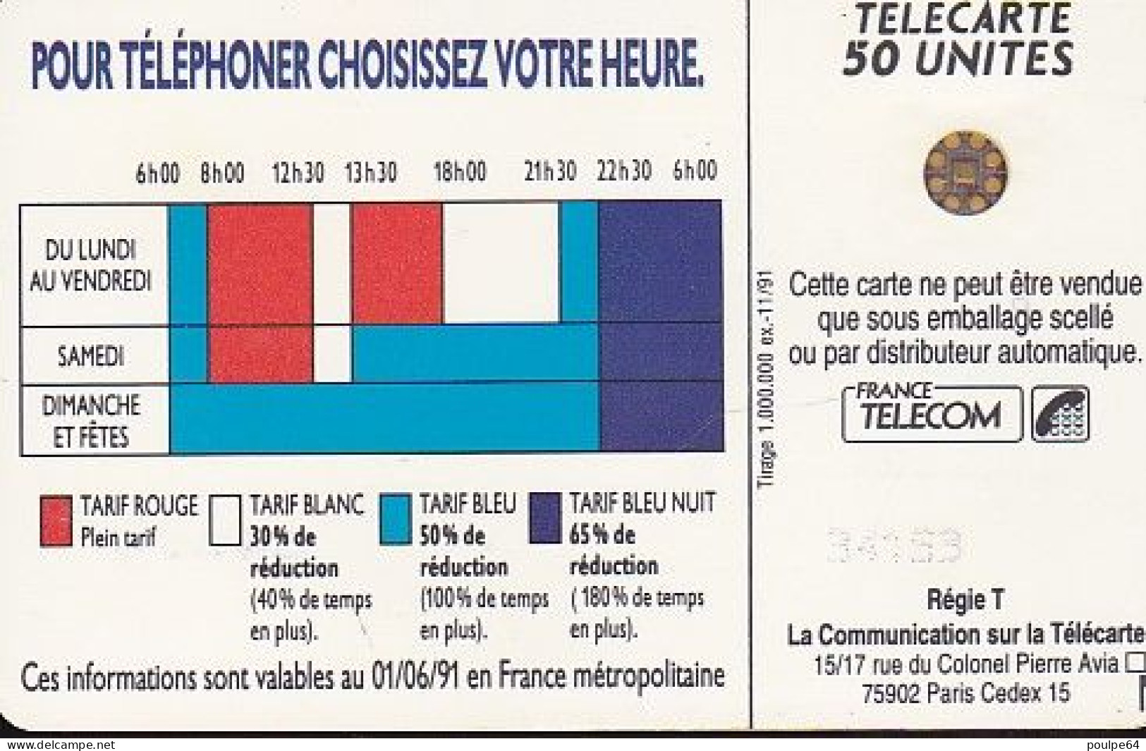 F207  11/1991 TARIFS 18h 00 50 SC4 (diamètre Puce Au Dos : ø6) - 1991