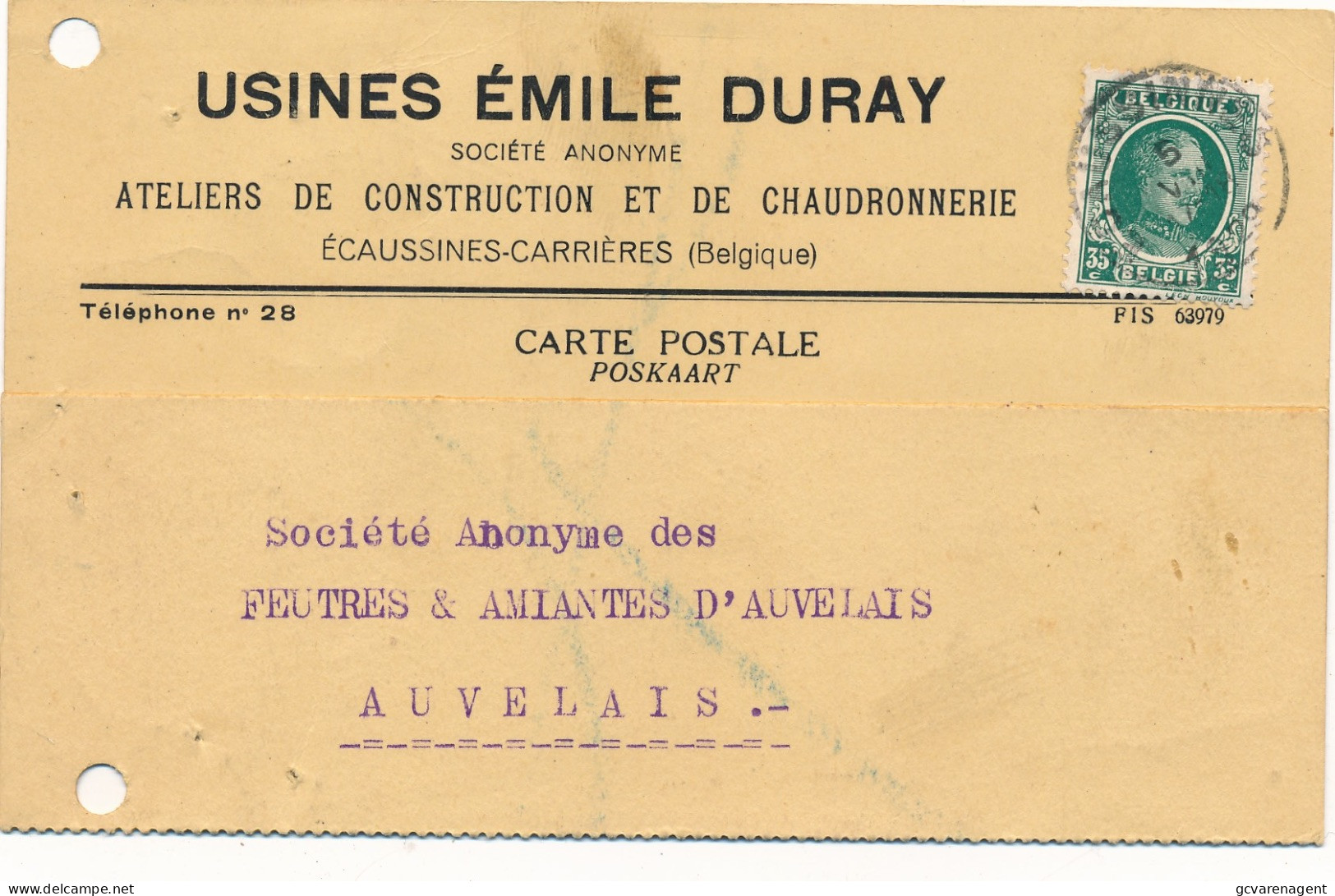 ECAUSSINES CARRIERES - CARTE DE COMMERCE - USINES EMILE DURAY S.A. ATELIERS DE CONSTRUCTION ET DE CHAUDRONNE     2 SCANS - Ecaussinnes