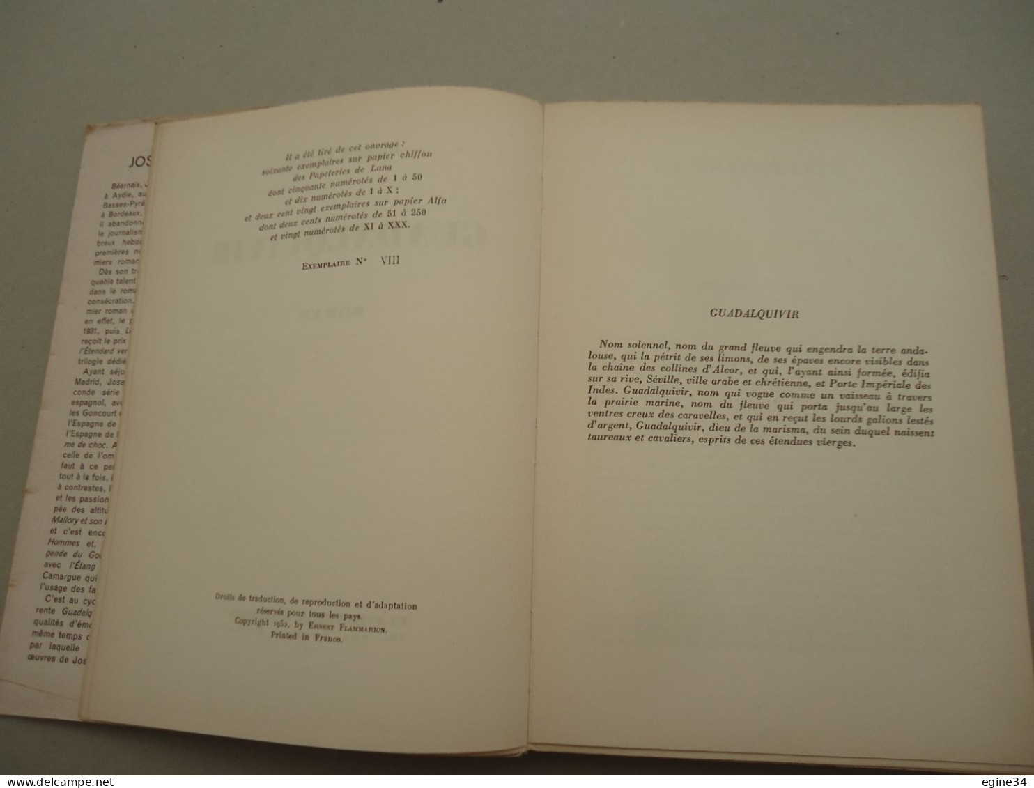 Editeur Flammarion - Joseph Peyré - Guadaquivir - 1952 - Papier Chiffon N. VIII - Livres Dédicacés