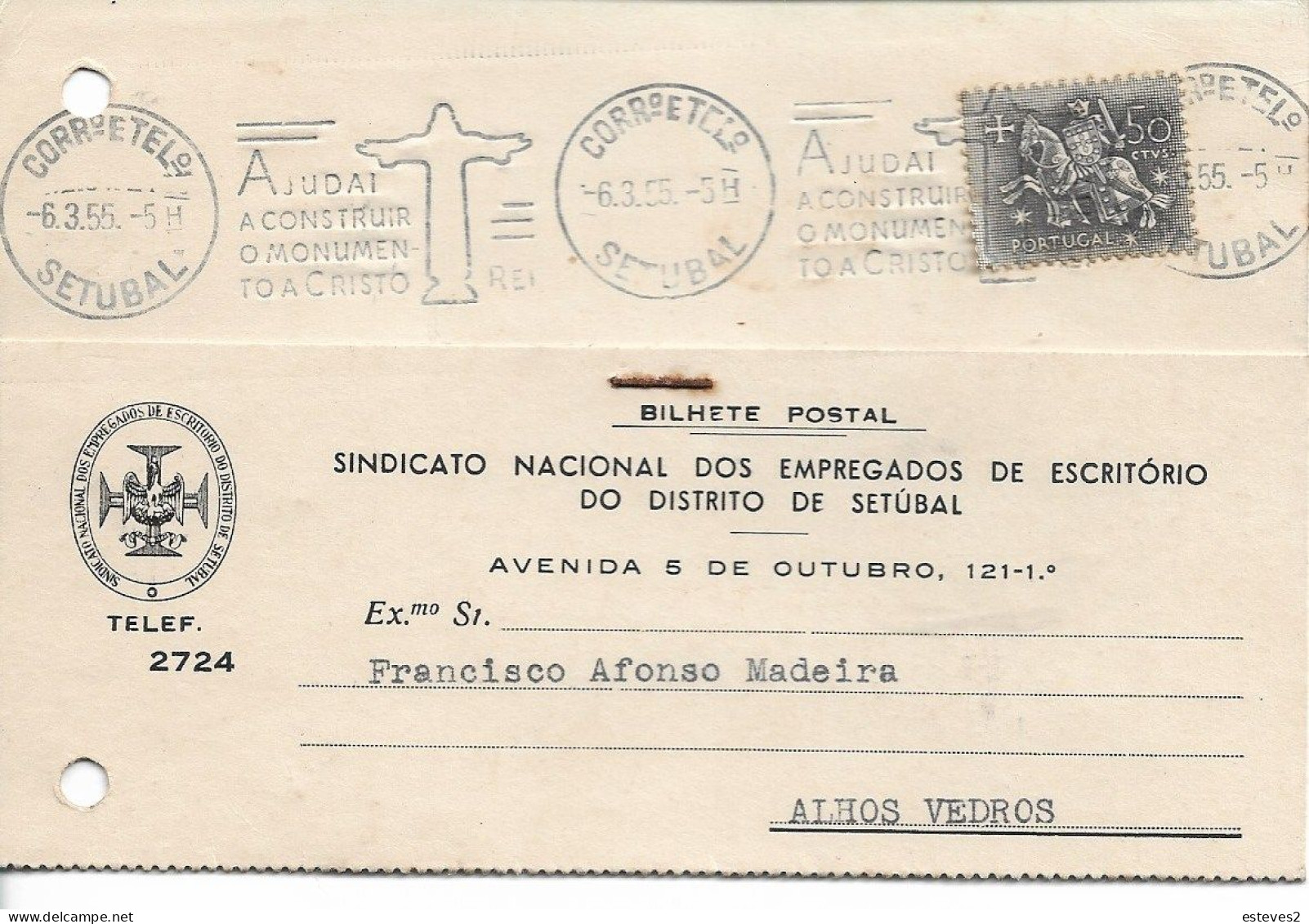 Portugal , 1955 ,  SINDICATO ESCRITÓRIOS SETUBAL , Cristo Rei Slogan  Postmark , Commercial Postcard - Portogallo