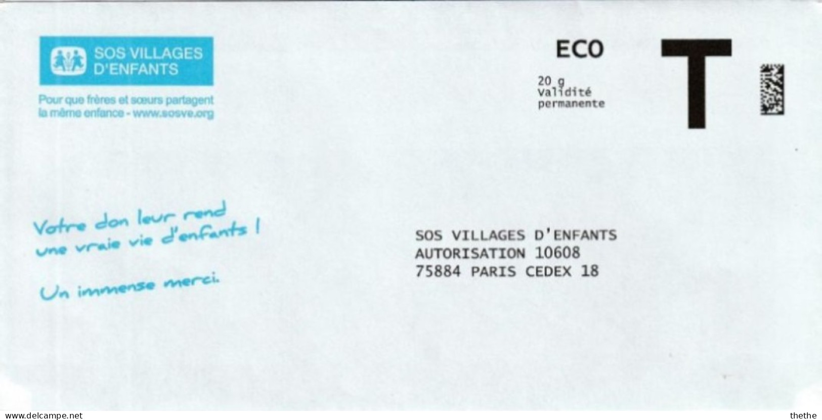PAP -  ECO T - SOS Villages D'Enfants - Autorisation 10608 - 20 G Validité Permanente - Karten/Antwortumschläge T