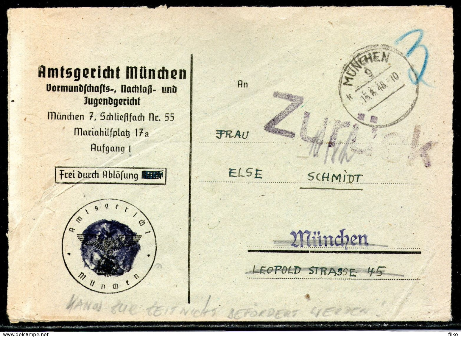 Germany,, American/British Zone,cancel:Muenchen,15.08.1945,as Scan - Cartas & Documentos