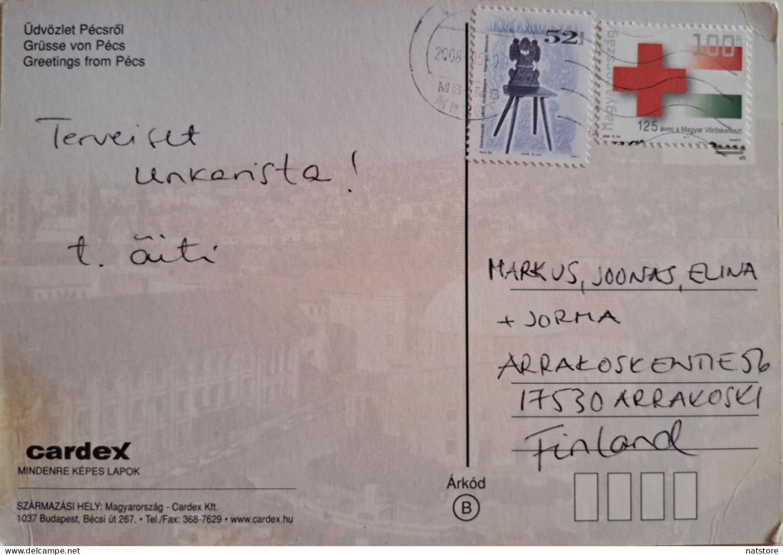 2008..HUNGARY.. POSTCARD WITH 2 STAMPS ..PAST MAIL..GREETINGS FROM PECS - Covers & Documents