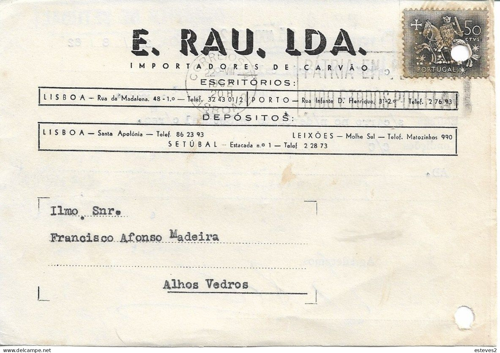 Portugal , 1962 , E. RAU , Ldª  ,  Coal Importer , Setubal  And Leixões Warehouses , Slogan  Postmark PÁTRIA EM RISCO - Portogallo