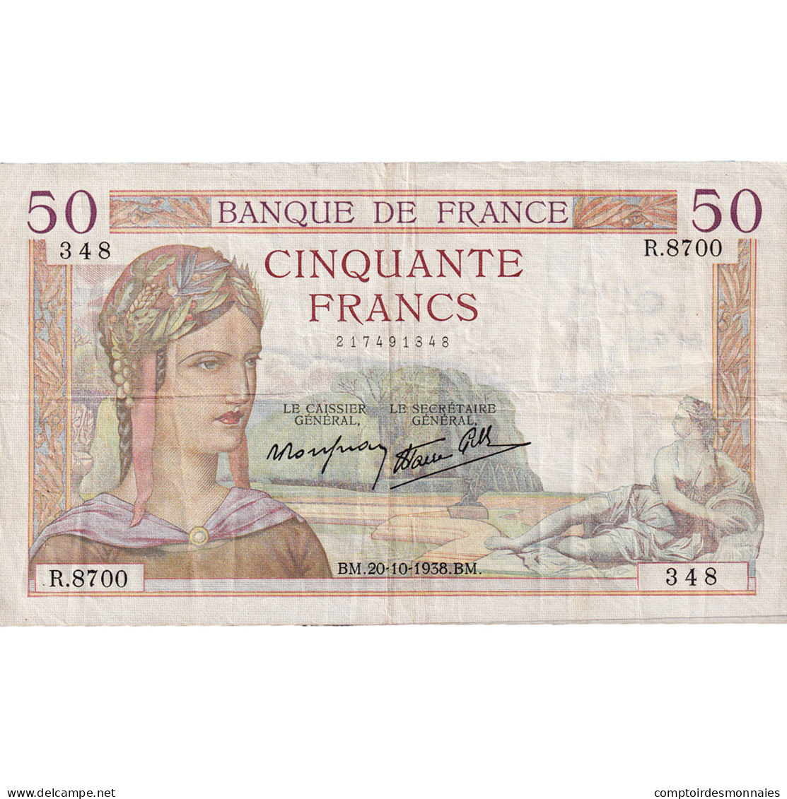 France, 50 Francs, Cérès, 1938, R.8700, TB+, Fayette:18.16, KM:85b - 50 F 1934-1940 ''Cérès''