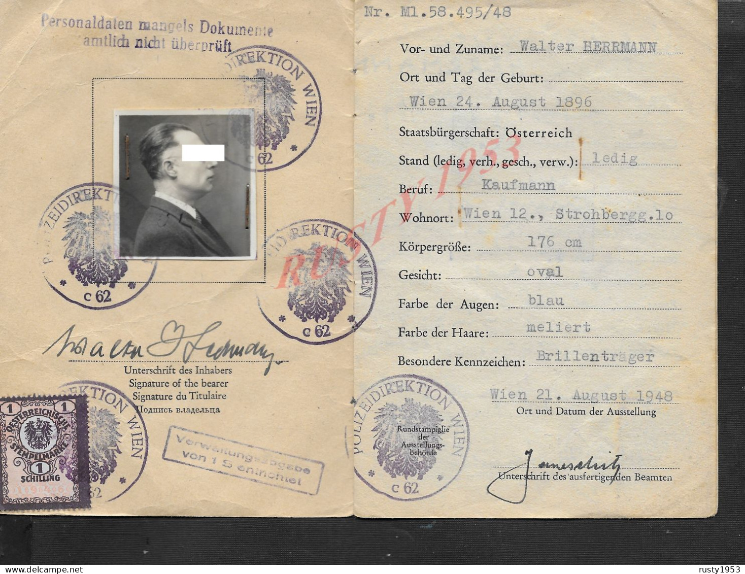 AUTRICHE MILITARIA CARTE D IDENTITÉ SUR TIMBRE FISCAUX DIVERS CACHETS DE WIN VIENNE 1948 DE WALTER HERRMANN : - Police & Gendarmerie