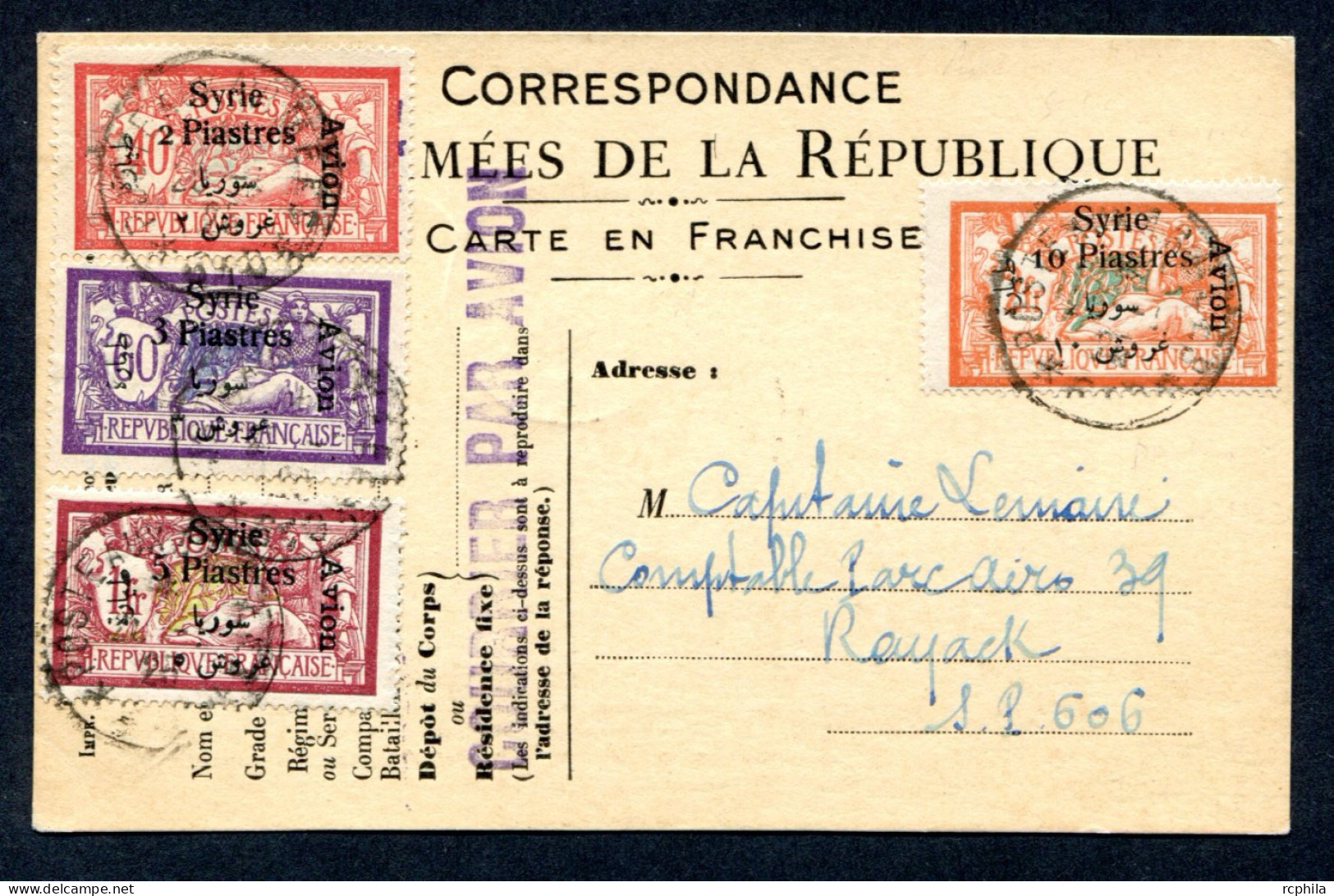 RC 26110 SYRIE 1925 SERIE AVION SUR CARTE DE FRANCHISE MILITAIRE POUR LE SECTEUR POSTAL 606 DE RAYACK - Brieven En Documenten