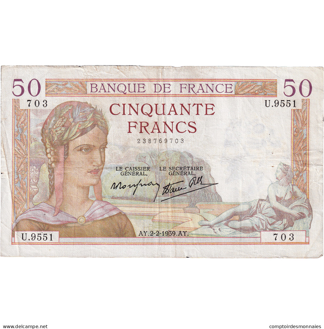 France, 50 Francs, Cérès, 1939, U.9551, TB+, Fayette:18.21, KM:85b - 50 F 1934-1940 ''Cérès''