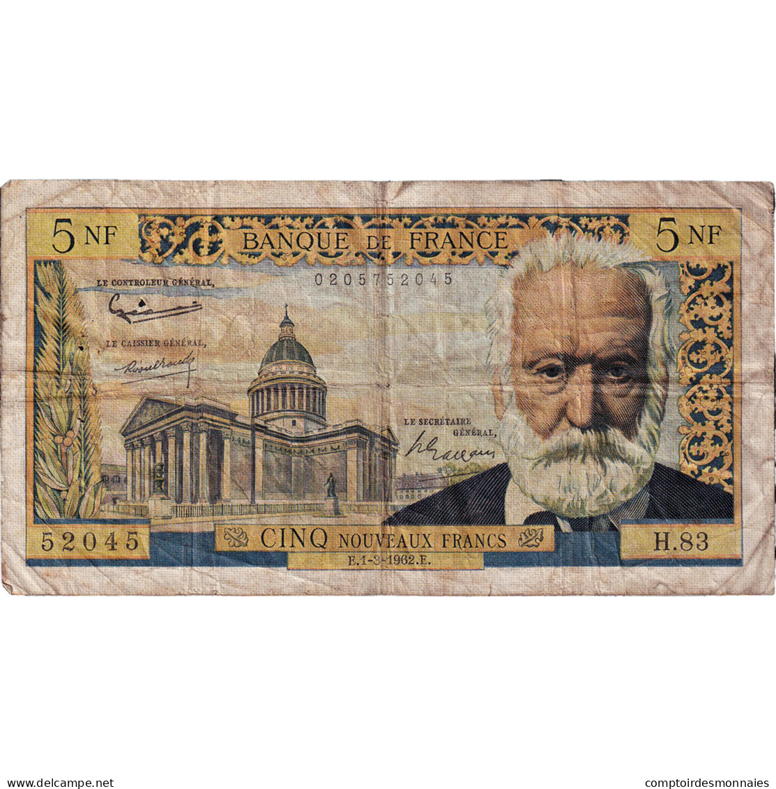 France, 5 Nouveaux Francs, Victor Hugo, 1962, H.83, TB+, Fayette:56.11, KM:141a - 5 NF 1959-1965 ''Victor Hugo''