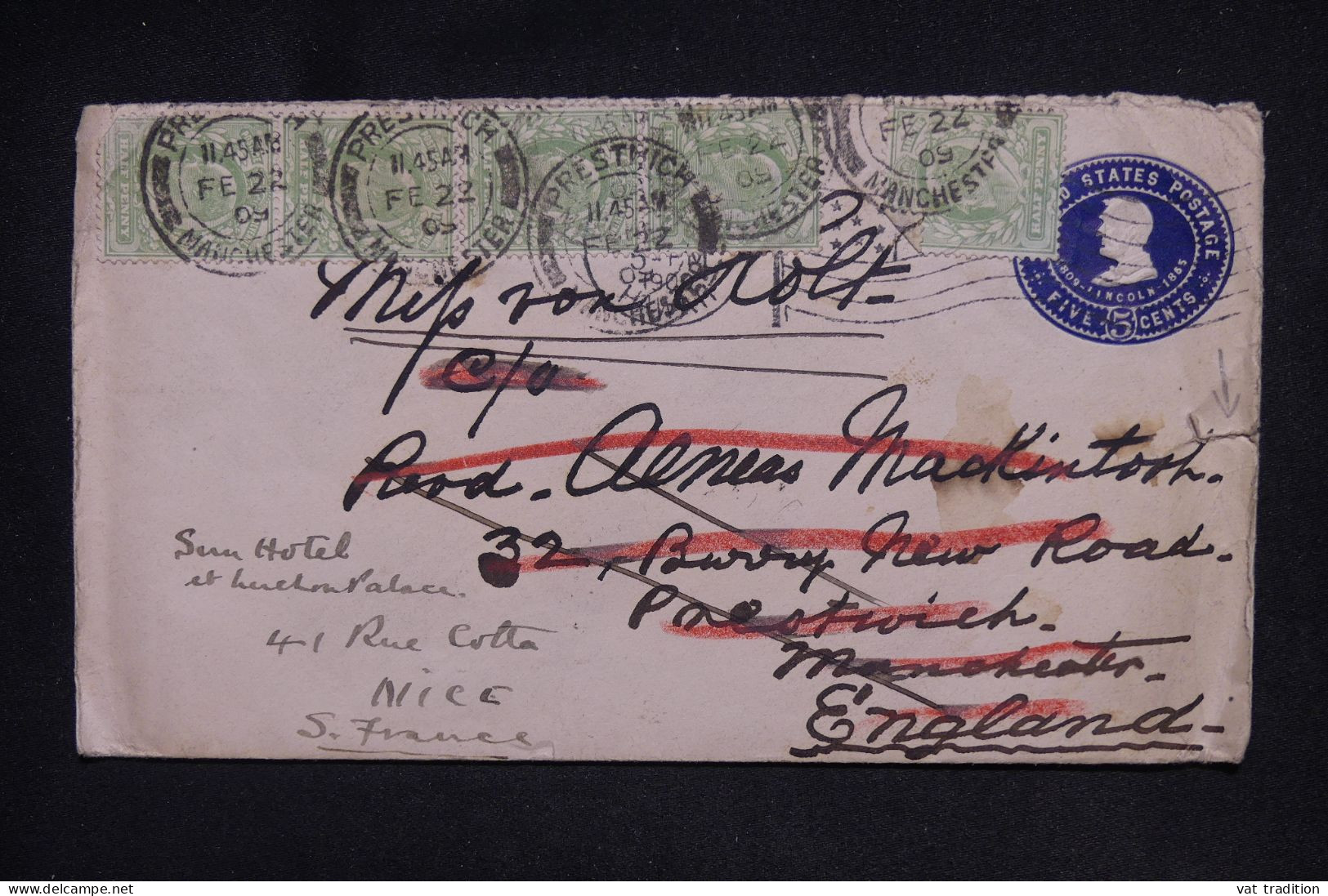 ETATS UNIS - Entier Postal Pour Manchester Et Redirigé Vers La France En 1909  - L 148053 - 1901-20