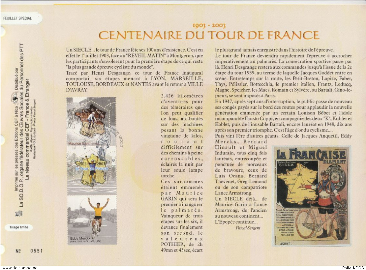 " 100 ANS DU TOUR DE FRANCE / HINAULT ... " Sur Feuillet CEF Spécial 1er Jour N°té De 2003. Parfait état FDC A SAISIR ! - Wielrennen