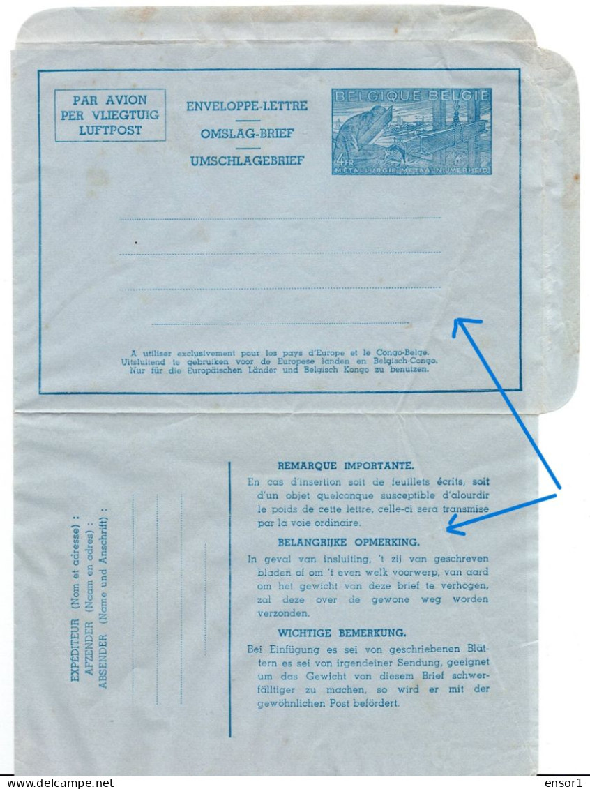 België Xxx Aerogram Aerogramme Luchtpostblad FND Licht Plooi Aanwezig ( Cfr. Pijlen ) !!!! - Aérogrammes