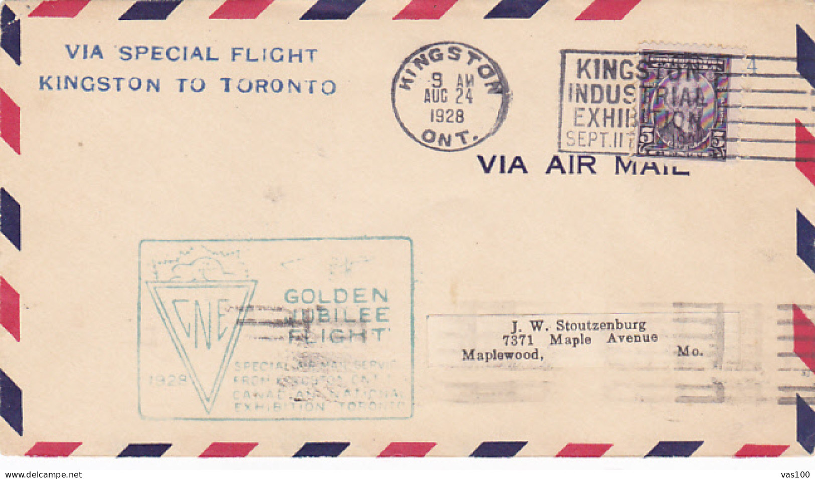 CNE GOLDEN JUBILEE FLIGHT, KINGSTON INDUSTRIAL EXHIBITION POSTMARKS, SIR LAURIER, STAMP ON COVER, 1928, CANADA - Cartas & Documentos