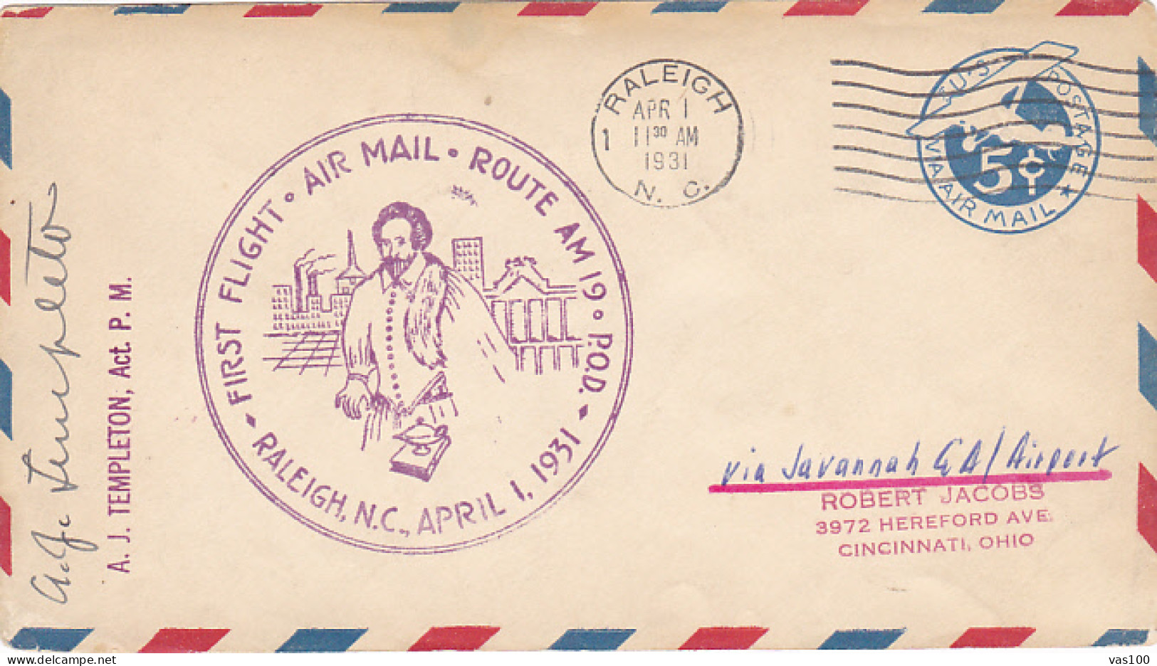 FIRST AIRMAIL FLIGHT, ROUTE 19 POSTMARK, PLANE, AIRMAIL COVER STATIONERY, ENTIER POSTAL, 1931, USA - 1921-40