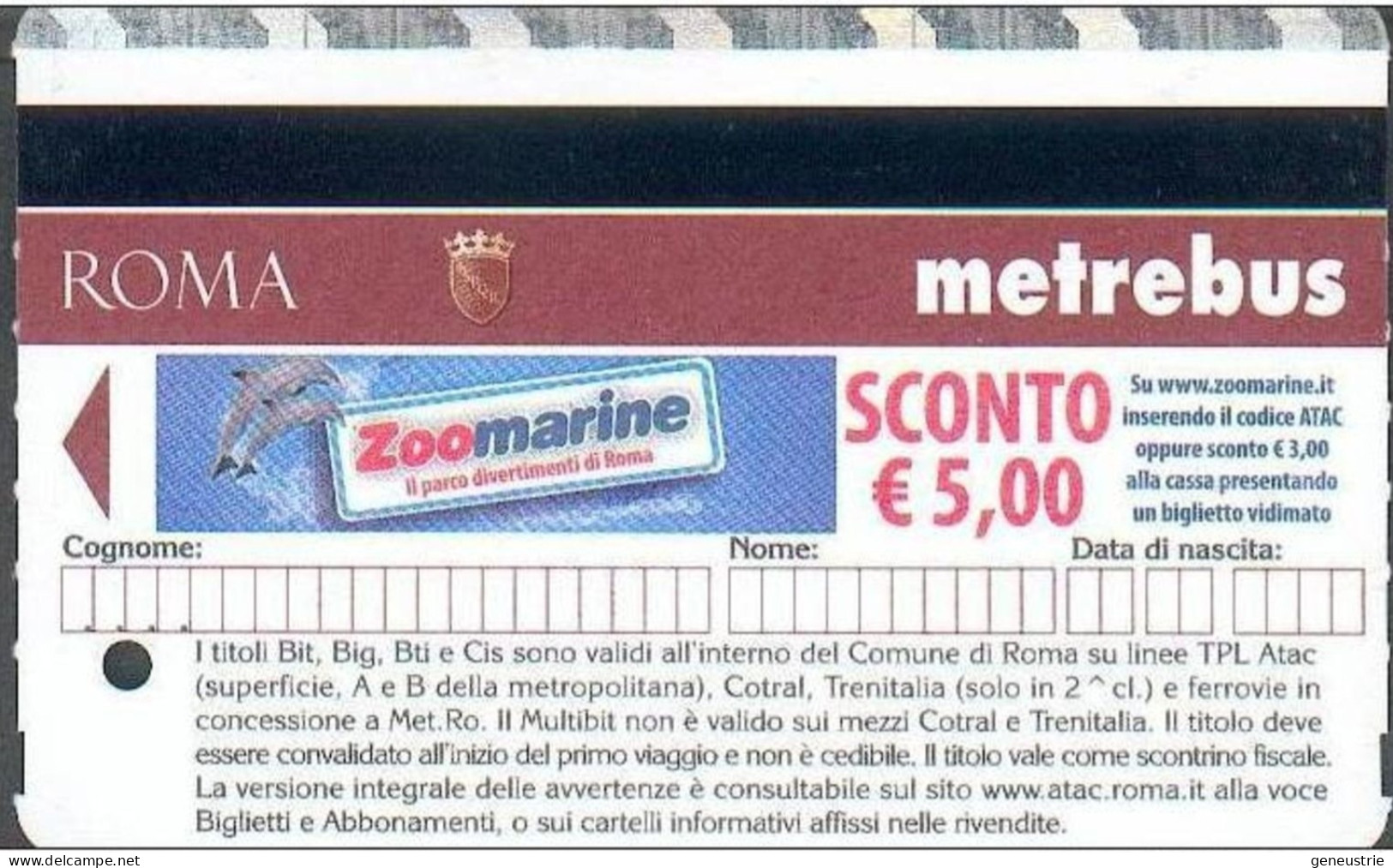 Ticket De Métro De Rome - Biglietto Integrato Metrebus Roma - Italie - Italia -  Subway - Europa