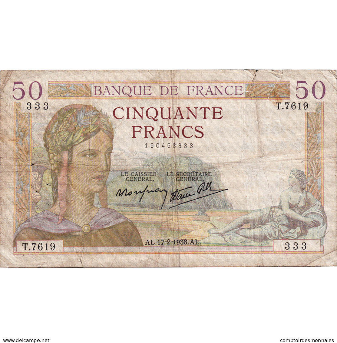 France, 50 Francs, Cérès, 1938, T.7619, TB+, Fayette:18.9, KM:85b - 50 F 1934-1940 ''Cérès''