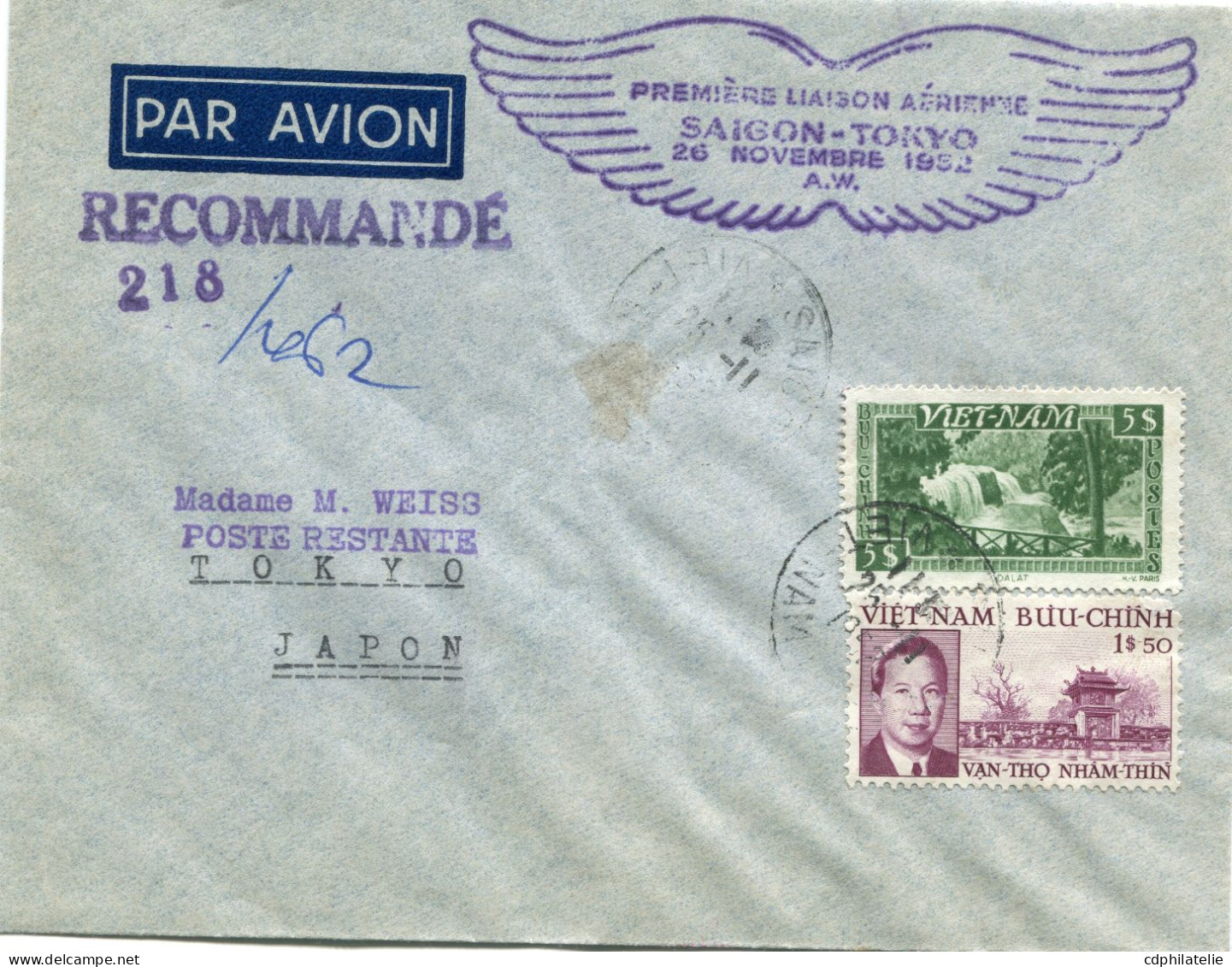 VIET-NAM LETTRE RECOMMANDEE PAR AVION AVEC CACHET "PREMIERE LIAISON AERIENNE SAIGON-TOKYO..." DEPART SAIGON 25-11-52.... - Viêt-Nam