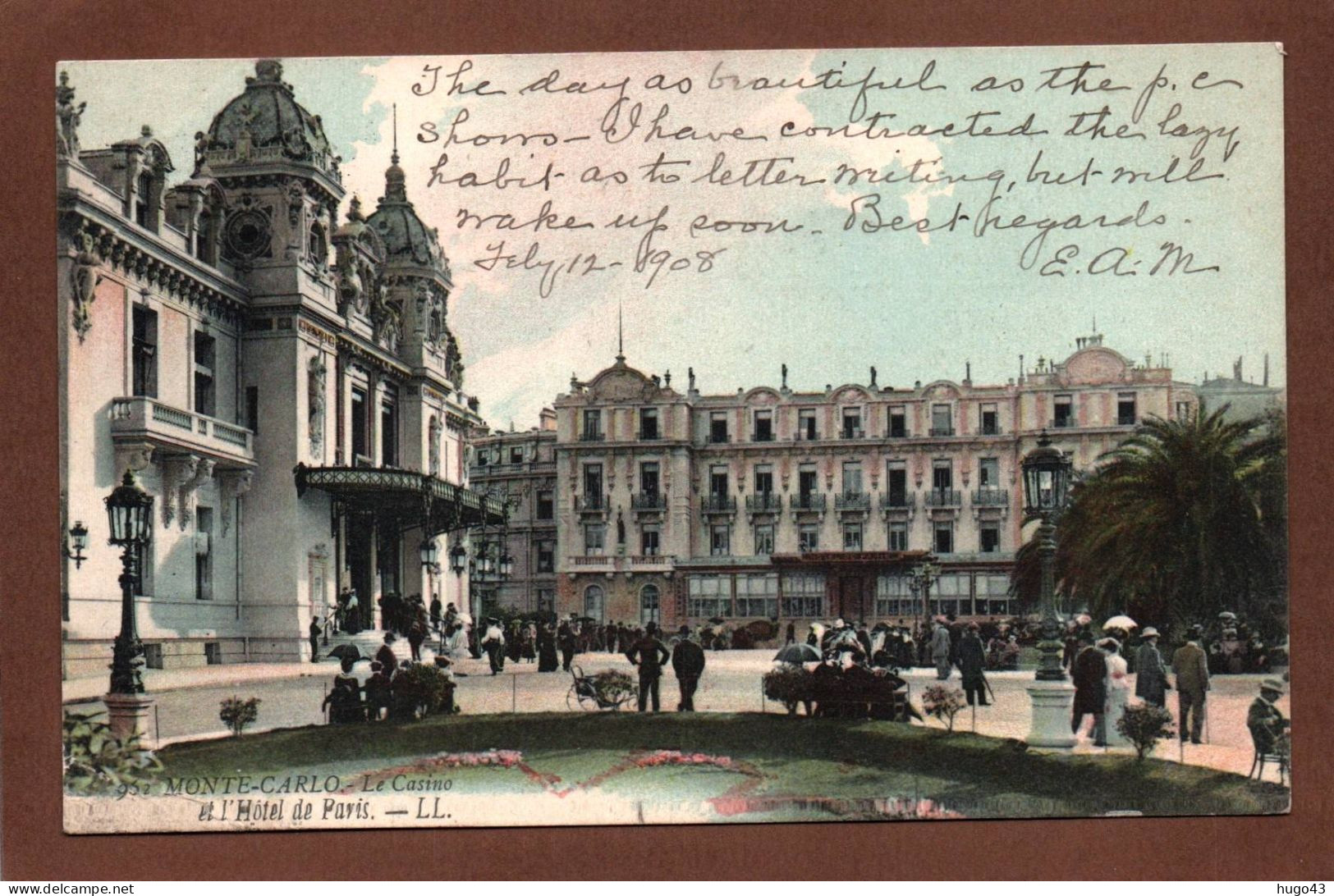 (RECTO / VERSO) MONTE CARLO EN 1908 - N° 962 - LE CASINO ET HOTEL DE PARIS - BEAU CACHET ET TIMBRE DE MONACO - CPA - Alberghi