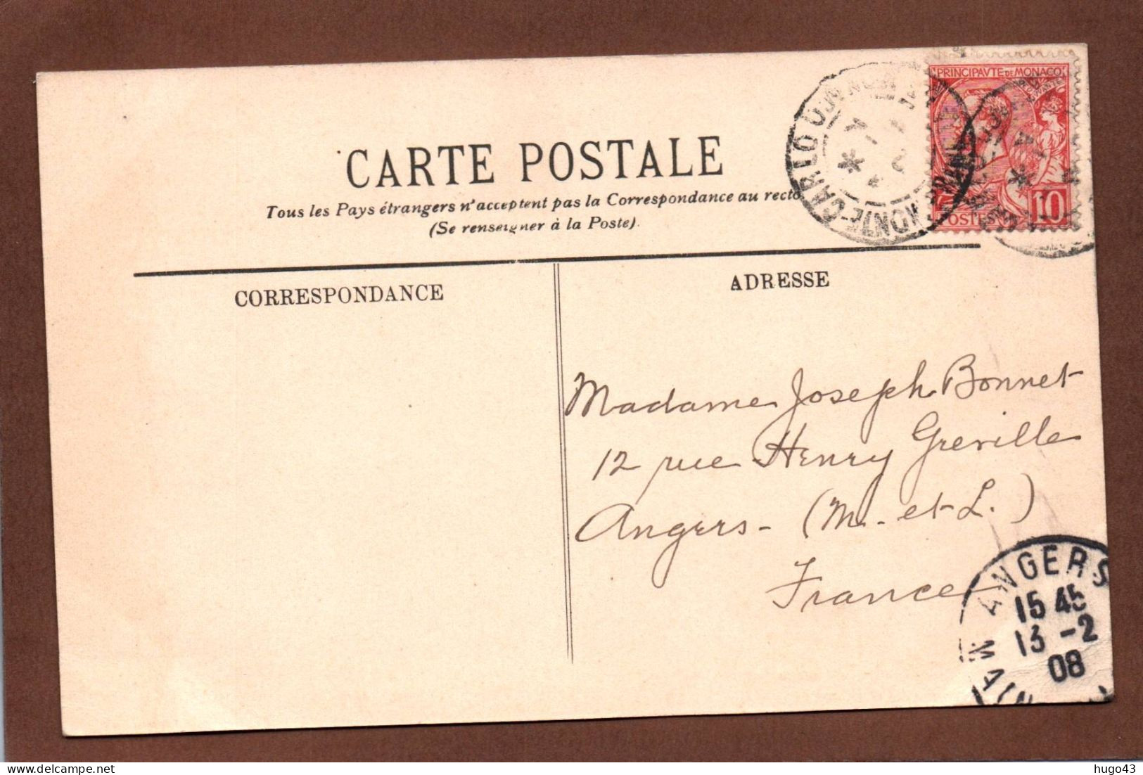 (RECTO / VERSO) MONTE CARLO EN 1908 - N° 962 - LE CASINO ET HOTEL DE PARIS - BEAU CACHET ET TIMBRE DE MONACO - CPA - Alberghi