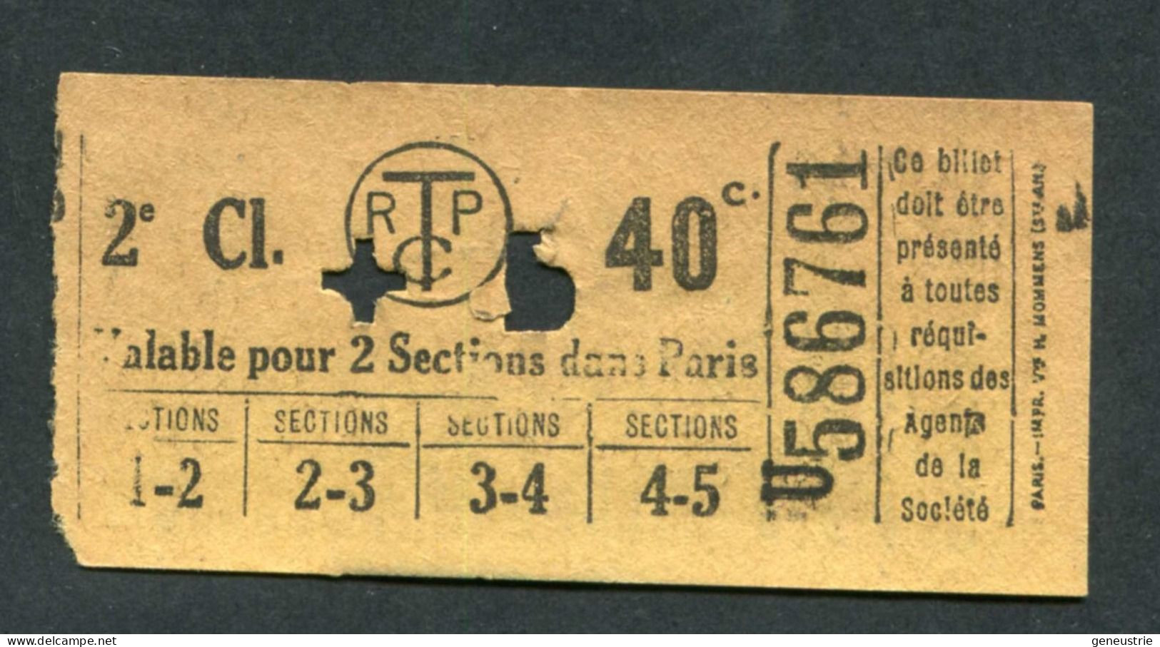 Ticket De Tramways Parisiens 1922-1924 (STCRP) 2e Classe 40c + 5c - Paris" Chemin De Fer - Tramway - Tram - Europa