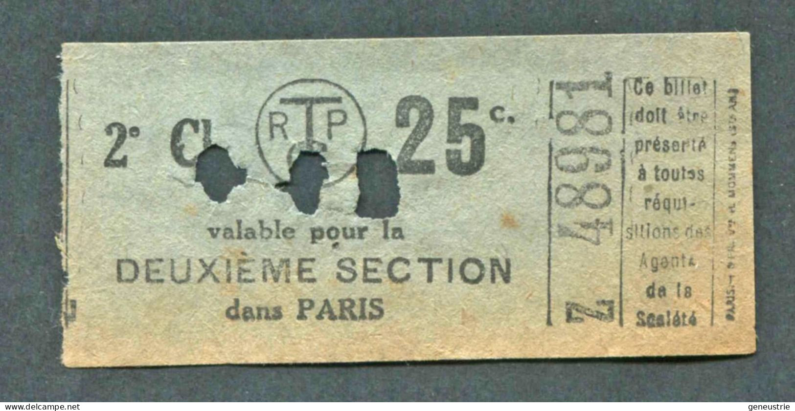 Ticket De Tramways Parisiens 1922-1924 (STCRP) 2e Classe 25c + 15c - Paris" Chemin De Fer - Tramway - Tram - Europe