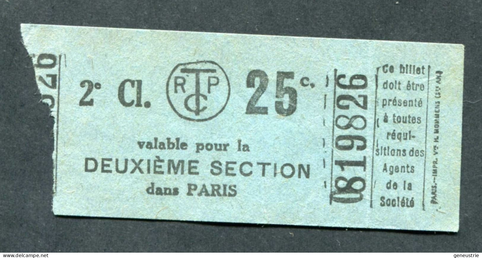 Ticket De Tramways Parisiens 1922-1924 (STCRP) 2e Classe 25c - Paris" Chemin De Fer - Tramway - Tram - Europa