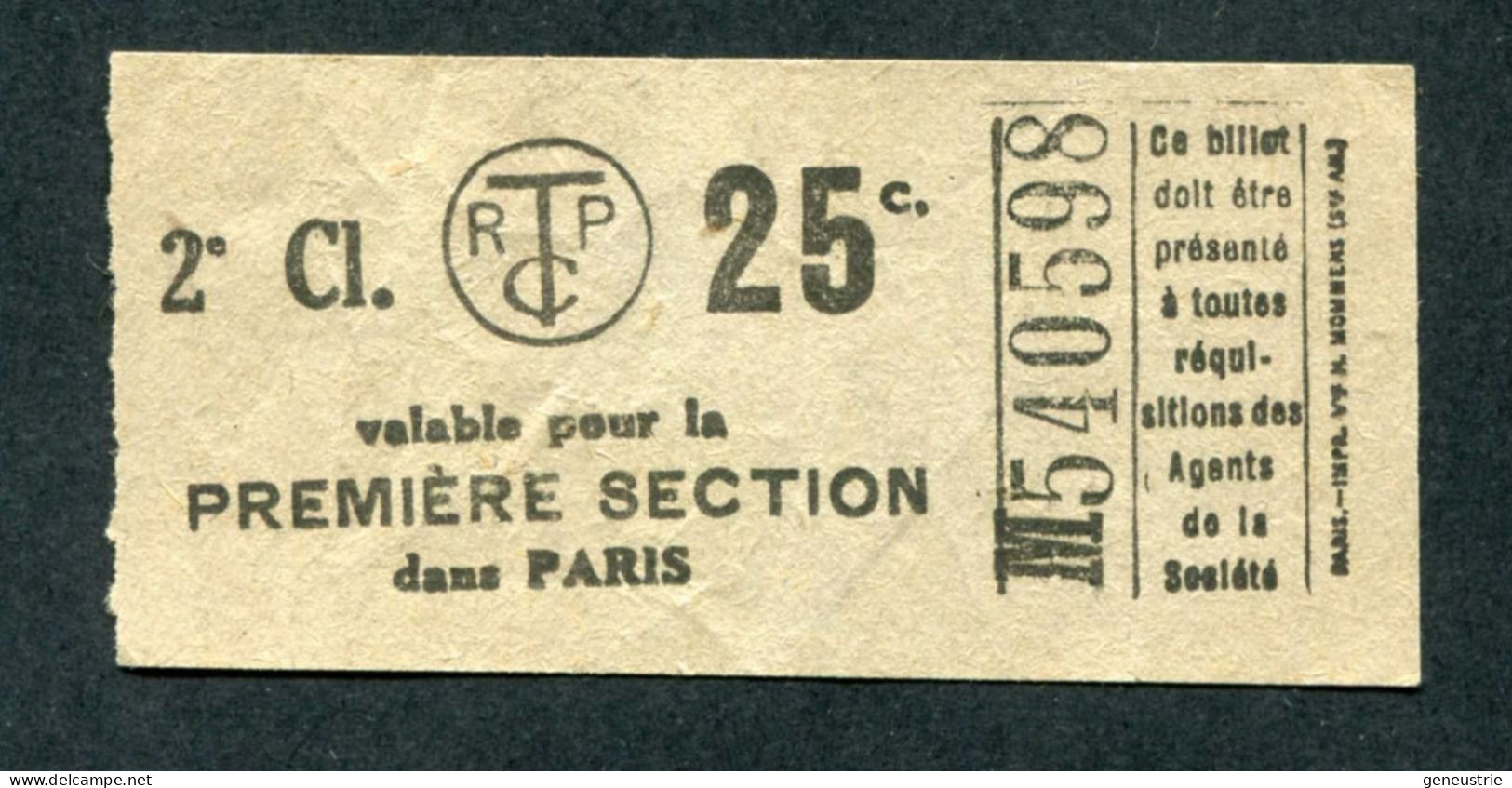 Ticket De Tramways Parisiens 1922-1924 (STCRP) 2e Classe 25c - Paris" Chemin De Fer - Tramway - Tram - Europa