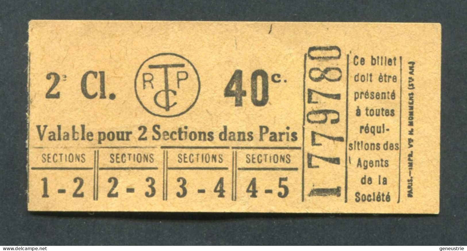 Ticket De Tramways Parisiens 1922-1924 (STCRP) 2e Classe 40c - Paris" Chemin De Fer - Tramway - Tram - Europa